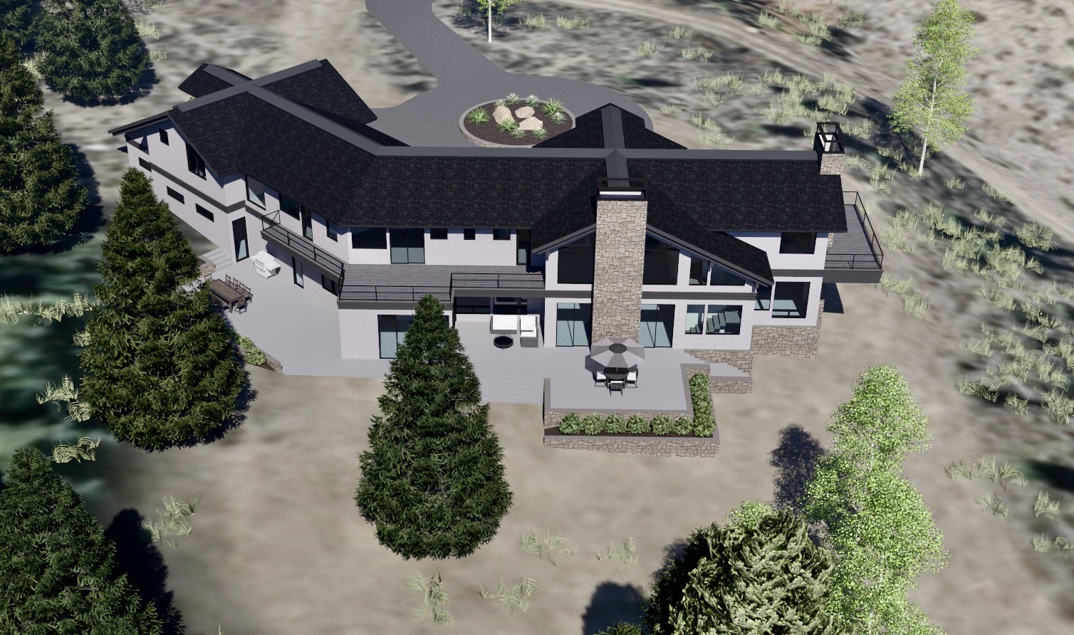 main house exterior rendering aerial back