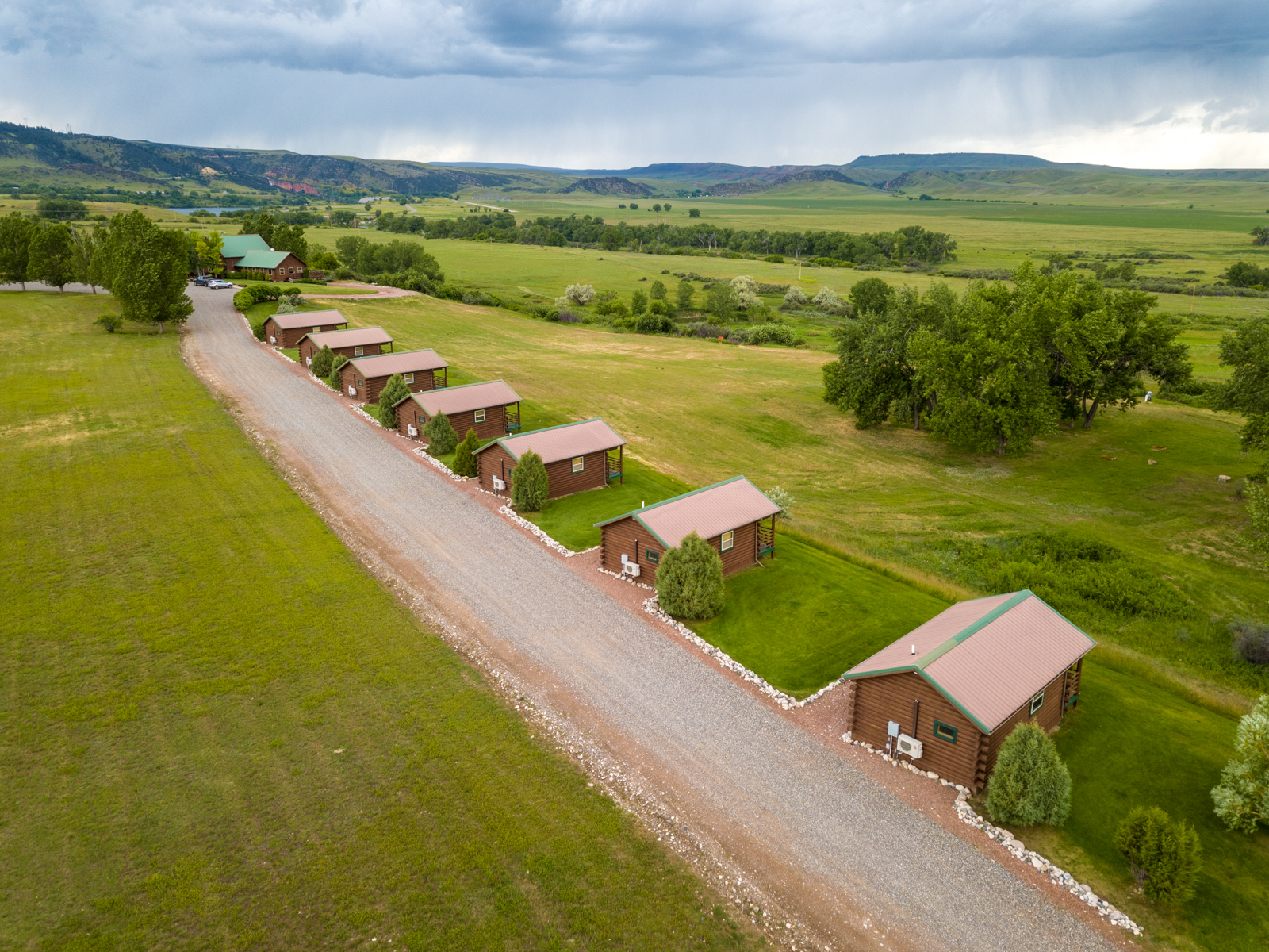 aerial view of guest cabins